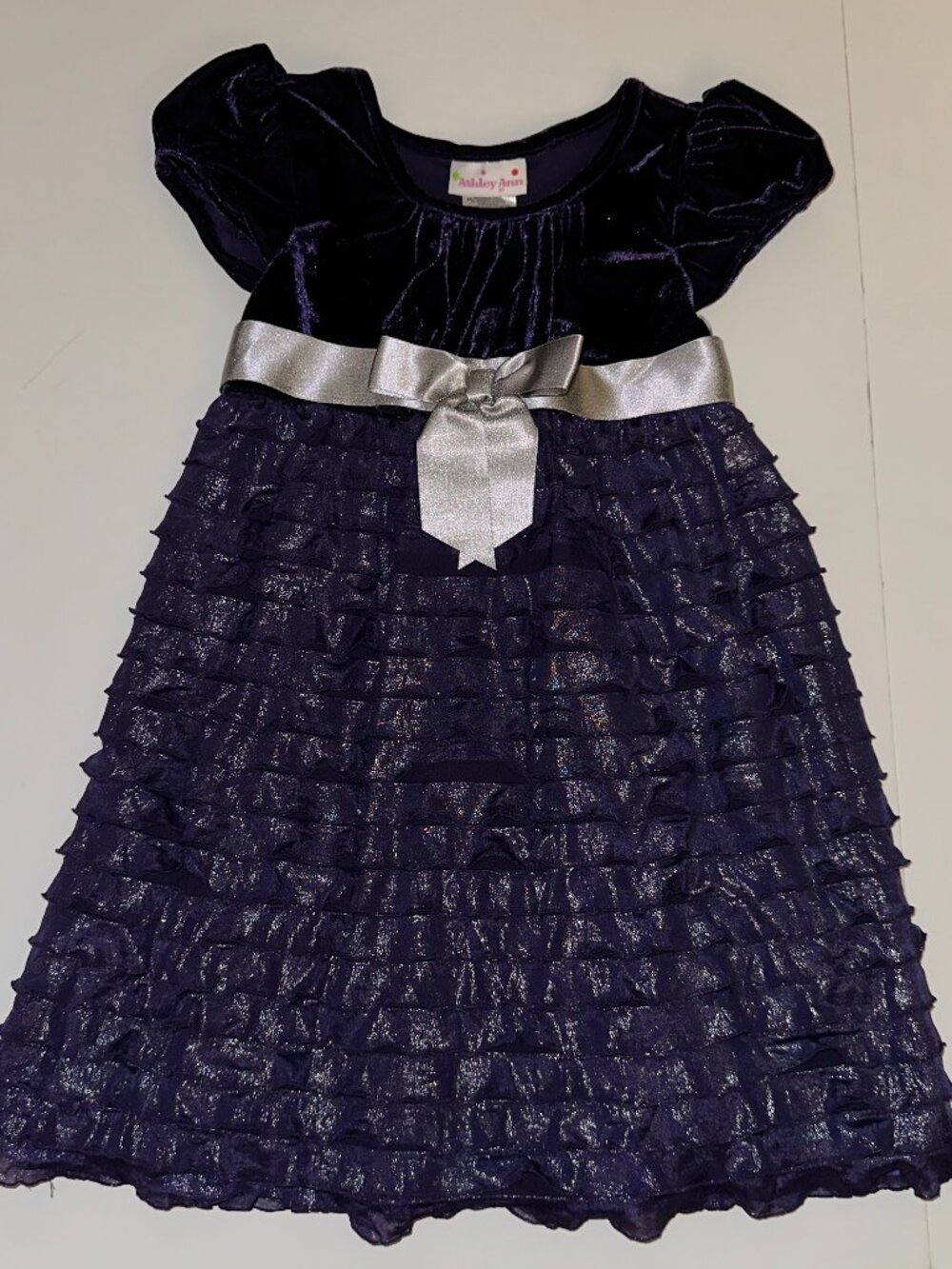 ASHLEY ANN Size 6 Holiday Dress purple & silver SHIMMER Sleeve EUC